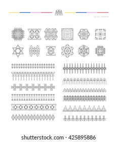 Sacred geometry. Set of minimal geometric shapes. Business signs, labels, trendy hipster linear icons and logotypes. Religion, philosophy, spirituality, occultism symbols collection