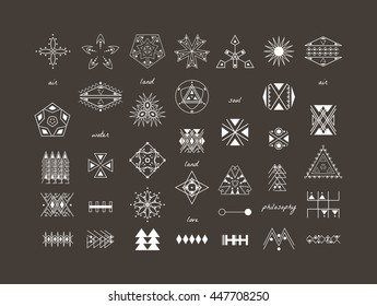 Sacred geometry. Set of minimal geometric shapes. Business signs, labels, trendy hipster linear icons and logotypes. Ethnic collection