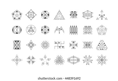 Sacred geometry. Set of minimal geometric shapes. Business signs, labels, trendy hipster linear icons and logotypes. Ethnic collection