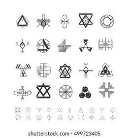 Sacred geometry. Set of minimal geometric shapes. Business signs, labels, trendy hipster linear icons and logotypes. Religion, philosophy, spirituality, occultism symbols collection