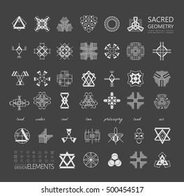 Sacred geometry. Set of minimal geometric shapes. Business signs, labels, trendy hipster linear icons and logotypes. Religion, philosophy, spirituality, occultism symbols collection