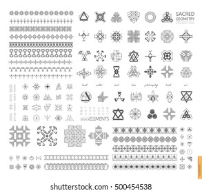 Sacred geometry. Set of minimal geometric shapes. Business signs, labels, trendy hipster linear icons and logotypes. Religion, philosophy, spirituality, occultism symbols collection