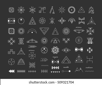 Sacred geometry. Set of minimal geometric shapes. Business signs, labels, trendy hipster linear icons and logotypes. Religion, philosophy, spirituality, occultism symbols collection