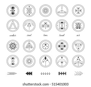 Sacred geometry. Set of minimal geometric shapes. Business signs, labels, trendy hipster linear icons and logotypes. Religion, philosophy, spirituality, occultism symbols collection