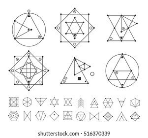 Sacred geometry. Set of minimal geometric shapes. Business signs, labels, trendy hipster linear icons and logotypes. Religion, philosophy, spirituality, occultism symbols collection