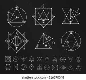 Sacred geometry. Set of minimal geometric shapes. Business signs, labels, trendy hipster linear icons and logotypes. Religion, philosophy, spirituality, occultism symbols collection