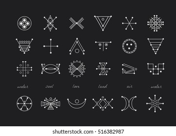 Sacred geometry. Set of minimal geometric shapes. Business signs, labels, trendy hipster linear icons and logotypes. Religion, philosophy, spirituality, occultism symbols collection