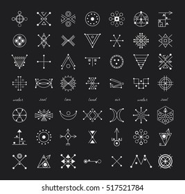 Sacred geometry. Set of minimal geometric shapes. Business signs, labels, trendy hipster linear icons and logotypes. Religion, philosophy, spirituality, occultism symbols collection