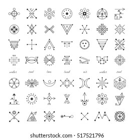 Sacred geometry. Set of minimal geometric shapes. Business signs, labels, trendy hipster linear icons and logotypes. Religion, philosophy, spirituality, occultism symbols collection