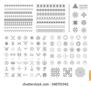 Sacred geometry. Set of minimal geometric shapes. Business signs, labels, trendy hipster linear icons and logotypes. Religion, philosophy, spirituality, occultism symbols collection