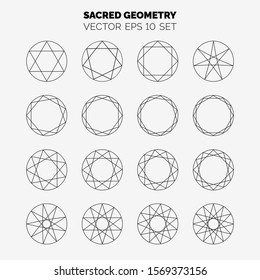 Sacred geometry set with various starry shapes in circles. Modern sewing machine isolated on white background. Vector illustration for your graphic design. Vector illustration for your graphic design.