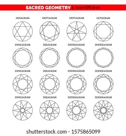 Sacred geometry set with various starry shapes in circles. Vector illustration for your graphic design.