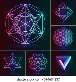 Sacred geometry set. Vector esoteric ornament on the neon background. Abstract geometric symbols: fower of Life, merkaba, penrose triangle, pentagram, octagram. Mystery logo for mystic design.