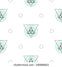 Sacred geometry shapes seamless vector pattern. Triangle abstract figures in circles white background.