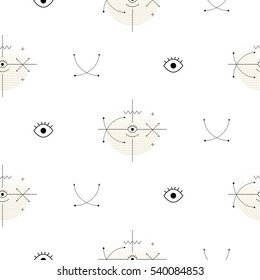 Sacred geometry shapes seamless vector pattern. Abstract figures with axis arrows and eyes background.
