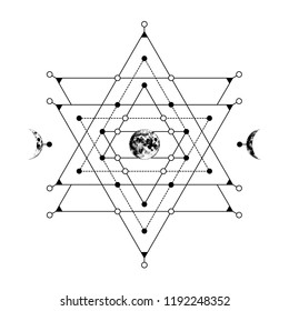 Sacred geometry sign with hand drawn earth and crescent moon. Abstract background. Tattoo concept. Vector illustration