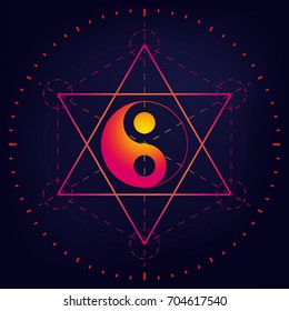 sacred geometry, the sign of Yin-Yang hexagrams inside. vector illustration. bright colored lines on a dark background.