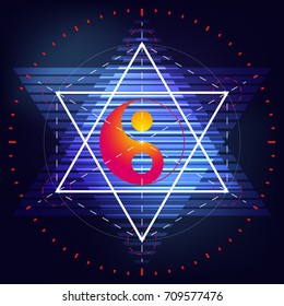 sacred geometry, the sign of Yin-Yang hexagrams inside. vector illustration. bright colored lines on a dark background.