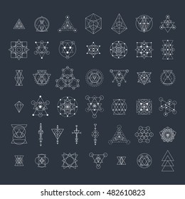 Sacred geometry signs collection. Linear modern art design elements set. Alchemy, religion, philosophy, spirituality, creativity, astrology, esoteric, hipster symbols. Vector illustration