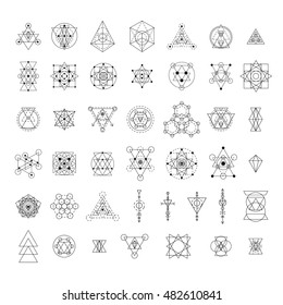 Sacred geometry signs collection. Linear modern art design elements set. Alchemy, religion, philosophy, spirituality, creativity, astrology, esoteric, hipster symbols. Vector illustration