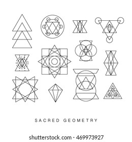 Sacred geometry signs set. Linear Modern Art. Alchemy, religion, philosophy, spirituality, creativity, astrology, esoteric, hipster symbols. Occult, mystical shapes, isolated. Vector illustration