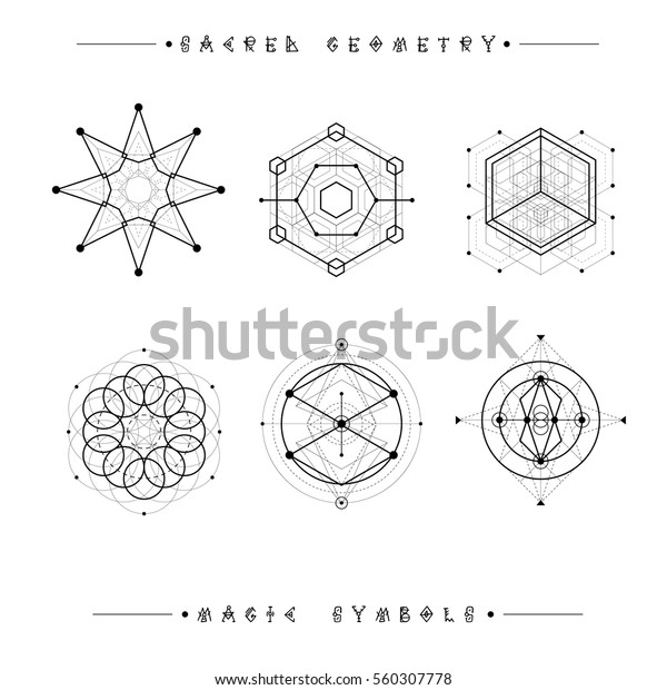 神聖な幾何学記号 シンボルとエレメントのセット 錬金術 宗教 哲学 精神性 ヒップスターの象徴とエレメント 幾何学的形状 のベクター画像素材 ロイヤリティフリー