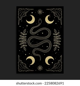 Sacred geometry snake symbol with crescent moon and leaf decoration