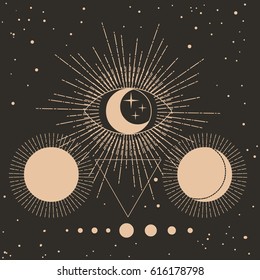 Sacred geometry. Solar system, cosmic objects. Vector hand drawn illustration