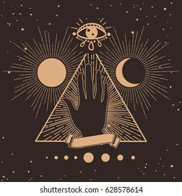 Sacred geometry. Solar system, cosmic objects. Vector hand drawn illustration