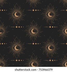 Sacred geometry. Solar system, moon, triangles. Vector seamless pattern