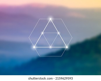 Sacred geometry spiritual new age futuristic illustration with interlocking circles, triangles and glowing particles in front of blurry natural photographic background