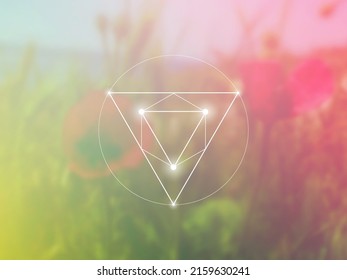 Sacred geometry spiritual new age futuristic illustration with interlocking circles, triangles and glowing particles in front of blurry natural photographic background