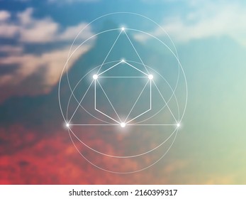 Sacred geometry spiritual new age futuristic illustration with interlocking circles, triangles and glowing particles in front of blurry natural photographic background