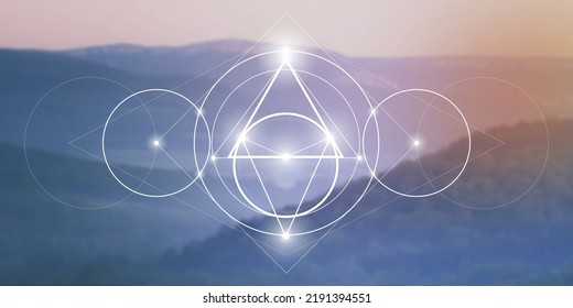 Sacred geometry spiritual new age futuristic illustration with interlocking circles, triangles and glowing particles in front of blurry natural photographic background