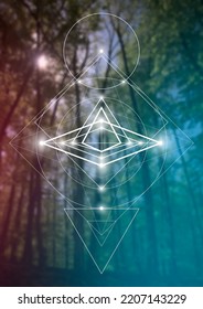 Sacred geometry spiritual new age futuristic illustration with transmutation interlocking circles, triangles and glowing particles