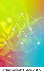 Sacred geometry spiritual new age futuristic illustration with transmutation interlocking circles, triangles and glowing particles