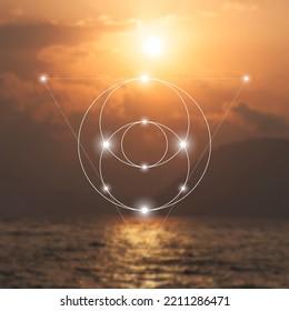 Sacred geometry spiritual new age futuristic illustration with transmutation interlocking circles, triangles and glowing particle