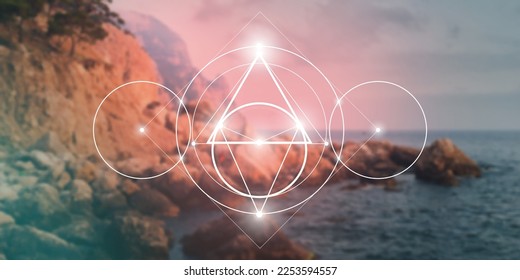 Sacred geometry spiritual new age futuristic illustration with transmutation interlocking circles, triangles and glowing particles