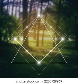 Sacred geometry spiritual new age futuristic illustration with transmutation interlocking circles, triangles and glowing particles