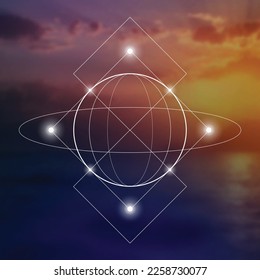 Sacred geometry spiritual new age futuristic illustration with transmutation interlocking circles, triangles and glowing particles