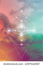 Sacred geometry spiritual new age futuristic illustration with interlocking circles, triangles and glowing particles in front of blurry natural photographic background