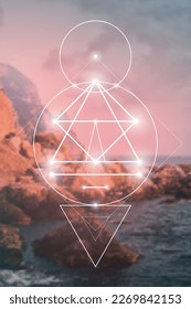 Sacred geometry spiritual new age futuristic illustration with transmutation interlocking circles, triangles and glowing particles