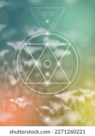Sacred geometry spiritual new age futuristic illustration with transmutation interlocking circles, triangles and glowing particles