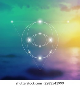 Sacred geometry spiritual new age futuristic illustration with transmutation interlocking circles, triangles and glowing particles