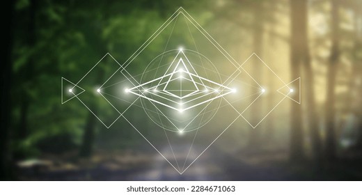 Sacred geometry spiritual new age futuristic illustration with transmutation interlocking circles, triangles and glowing particles