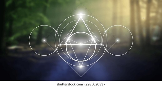 Sacred geometry spiritual new age futuristic illustration with transmutation interlocking circles, triangles and glowing particles