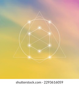 Sacred geometry spiritual new age futuristic illustration with transmutation interlocking circles, triangles and glowing particles