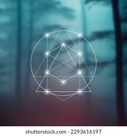 Sacred geometry spiritual new age futuristic illustration with transmutation interlocking circles, triangles and glowing particles