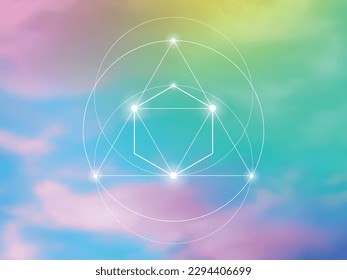 Sacred geometry spiritual new age futuristic illustration with transmutation interlocking circles, triangles and glowing particles