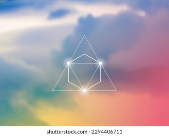 Sacred geometry spiritual new age futuristic illustration with transmutation interlocking circles, triangles and glowing particles